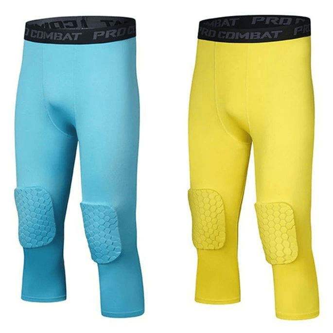 Sports Elastic Short Men's Leggings with Knee Pads in blue and yellow, made of stretchable Nylon and Polyester, for exercise comfort.